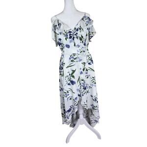 By & By High Low Cold Shoulder White & Blue Floral Dress Size Medium Garden Girl